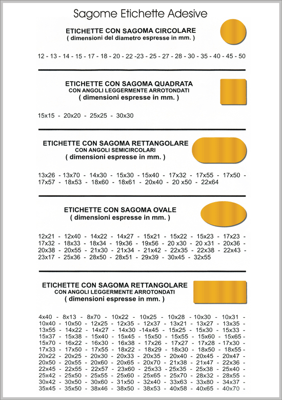 etichette chiudipacco circolari, ovali, quadrate e rettangolari